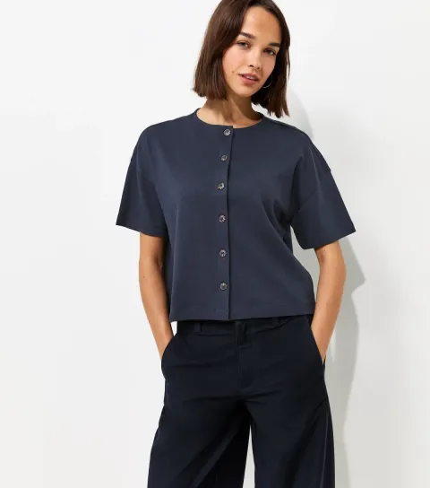 Premium Navy Heavyweight Cotton Button Through T-Shirt