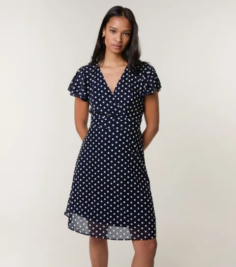 Navy Spot Mesh Frill Sleeve Midi Dress