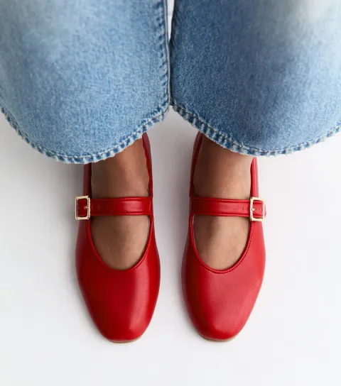 Bright Red Faux Leather Mary Jane Ballet Pumps Vegan