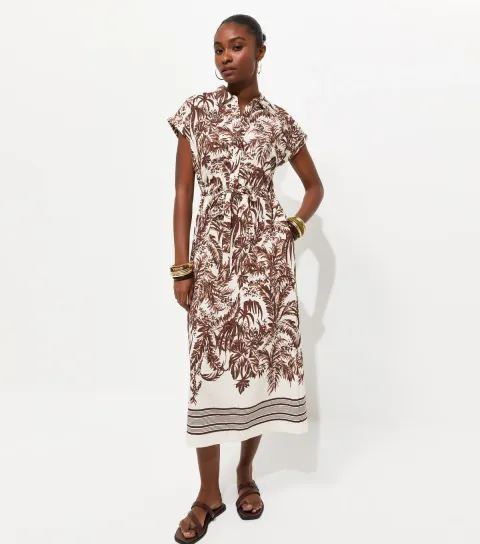 Brown Palm Print Short Sleeve Midi Shirt Dress