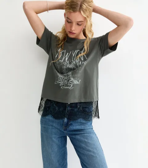 Grey New York Leopard Print Lace Trim T-Shirt