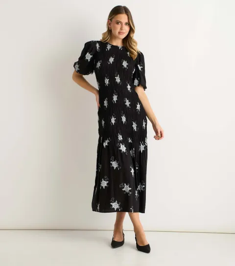 Black Paisley Print Ruched Midi Dress
