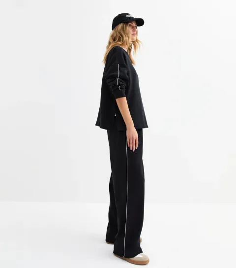 Black Contrast Piping Wide Leg Jersey Joggers