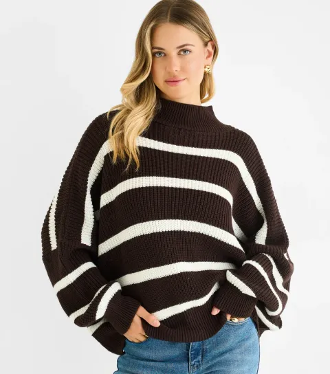 Chocolate Stripe Chunky Knit High Neck Jumper