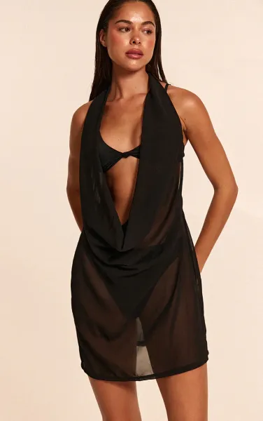 Black Chiffon Cowl Mini Beach Dress