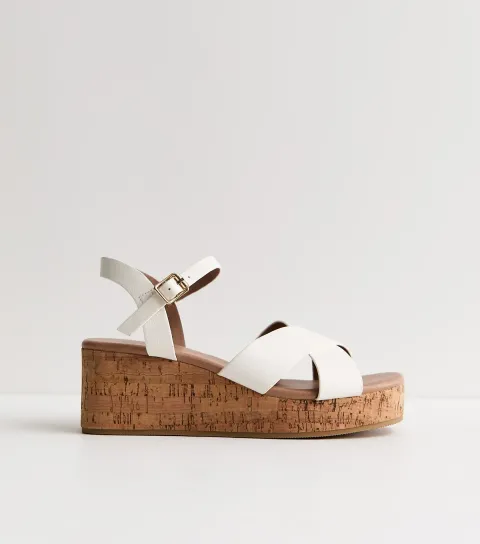 Wide Fit White Faux Leather Cork Platform Sandals Vegan