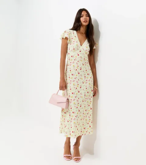 Cream Floral Flutter Sleeve Lace Trim Midi Dress