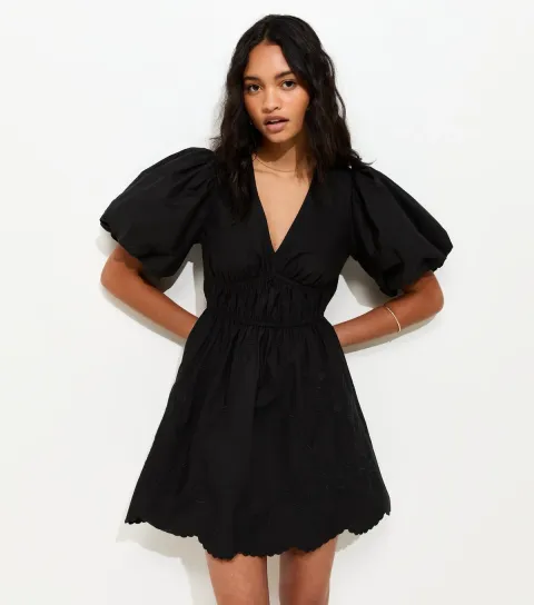 Black Embroidered Cutwork Mini Dress