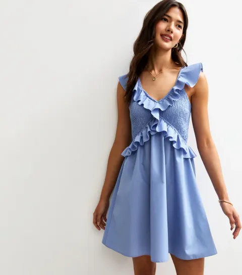 Blue V-Neck Ruffle Trim Shirred Bust Mini Dress