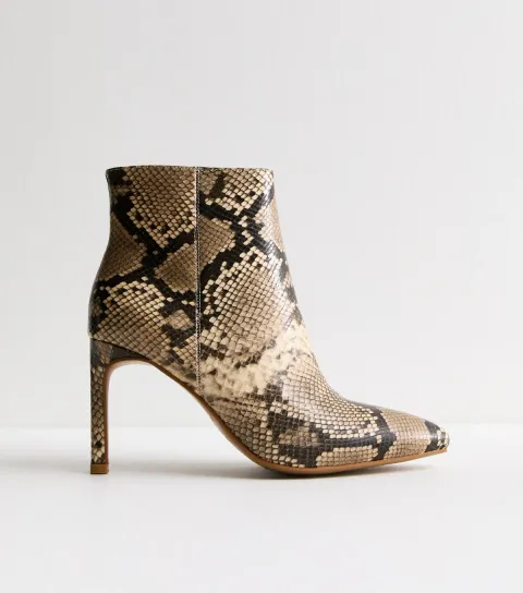 Brown Snakeskin Leather Look Pointy Heeled Ankle Boots Vegan