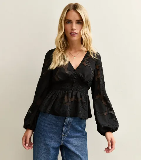 Petite Black Floral Jacquard Semi Sheer Peplum Blouse