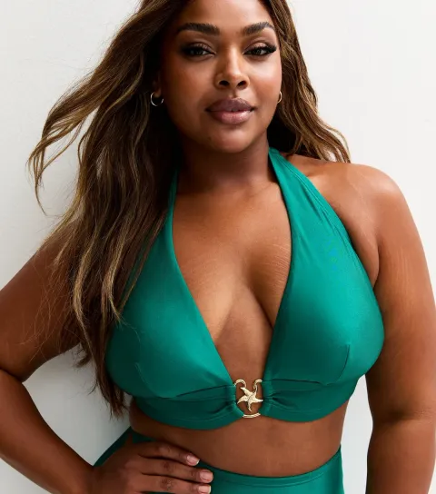 Plus Size Green Starfish Charm Halterneck Bikini Top Curves