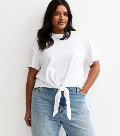 Plus Size White Tie Front T-Shirt Curves