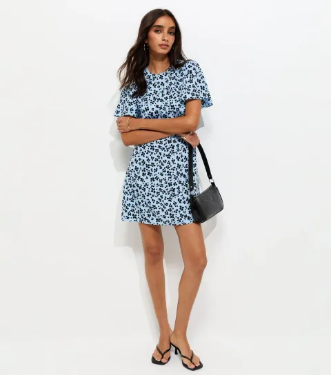 Blue Ditsy Floral Flutter Sleeve Mini Dress