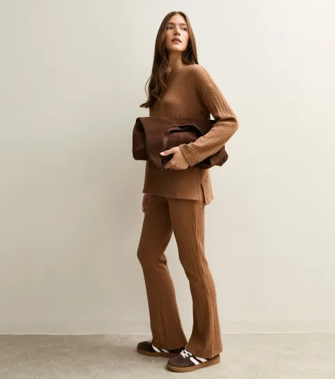 Tan Soft Touch Cable Knit Flared Trousers