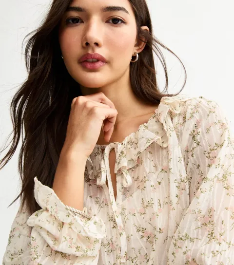 Off White Floral Print Ruffled Blouse