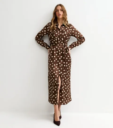 Brown Satin Polka Dot Midi Shirt Dress