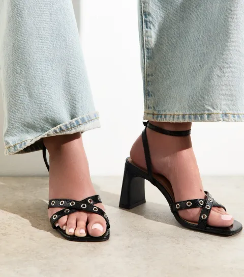 Black Textured Faux Leather Eyelet Detail Block Heel Sandals Vegan