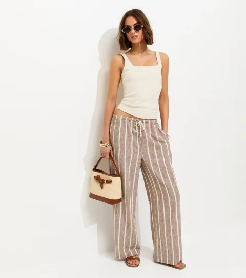 Brown Striped Wide Leg Trousers