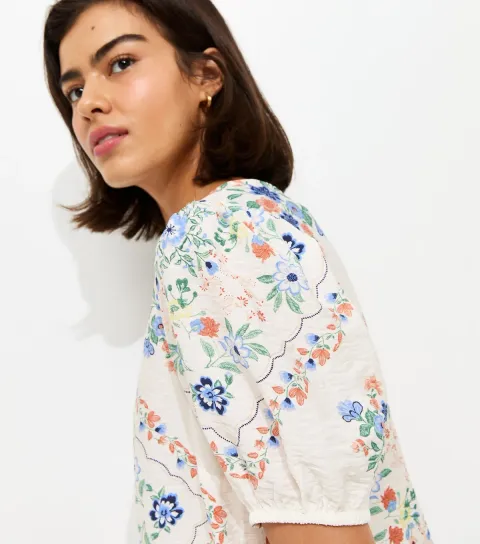 Cream Floral Scarf Print Puff Sleeve T-Shirt