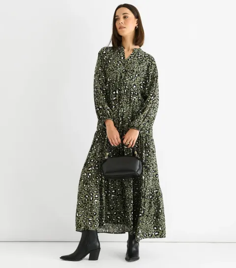Light Khaki Animal Print Tiered Midi Dress