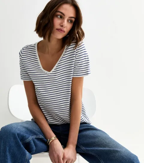 Cream Striped V Neck T-Shirt