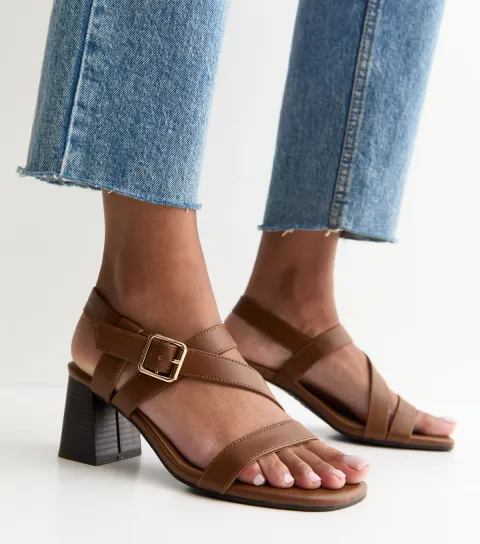 Wide Fit Tan Faux Leather Mutli Strap Block Heel Sandals Vegan