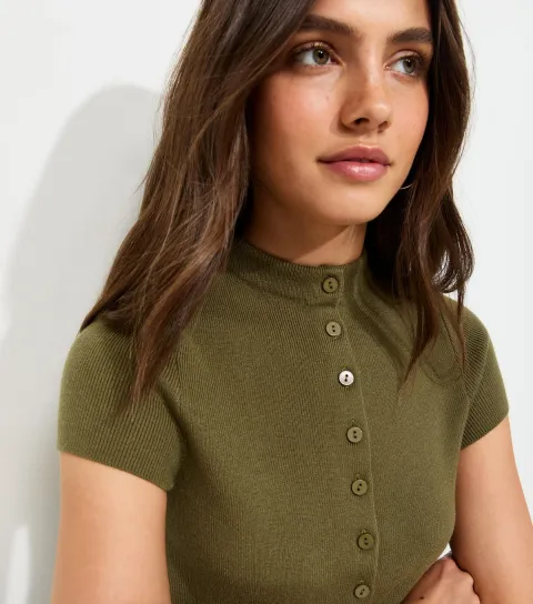 Dark Khaki Short Sleeve Knitted Cardigan