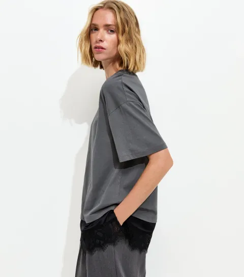 Dark Grey Satin Lace Hem Oversized T-Shirt