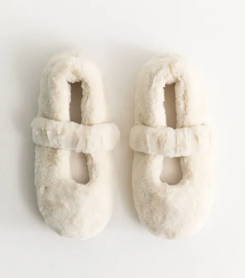 Off White Faux Fur Mary Jane Ballet Slippers Vegan