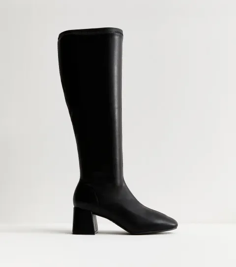 Black Faux Leather Stretchy Knee High Boot Vegan