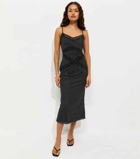 Petite Black Spot Print Lace Trim Mesh Midi Dress