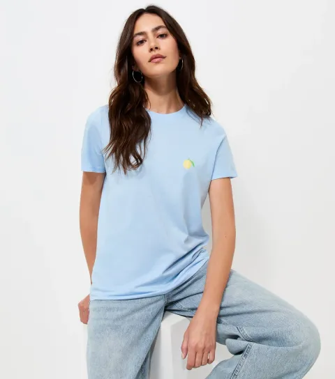 Light Blue Cotton Lemon Print Relaxed Fit T-Shirt