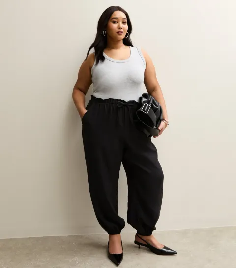 Plus Size Black Drawstring Waist Cuffed Joggers Curves