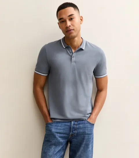 Light Grey Regular Pique Tipped Collar Polo Shirt