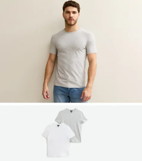 Pack of 2 White and Grey Muscle Fit Crew Neck T-Shirts