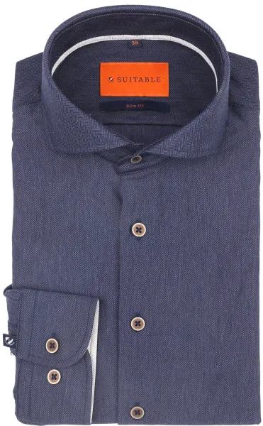 Suitable Herringbone Shirt Navy Blue Dark Blue size 38