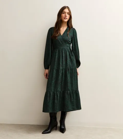 Dark Green Speckled Print Crepe Wrap Midi Dress