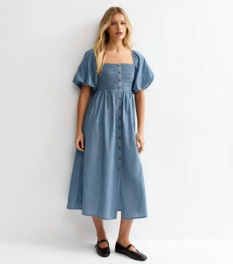 Light Blue Chambray Milkmaid Midi Dress