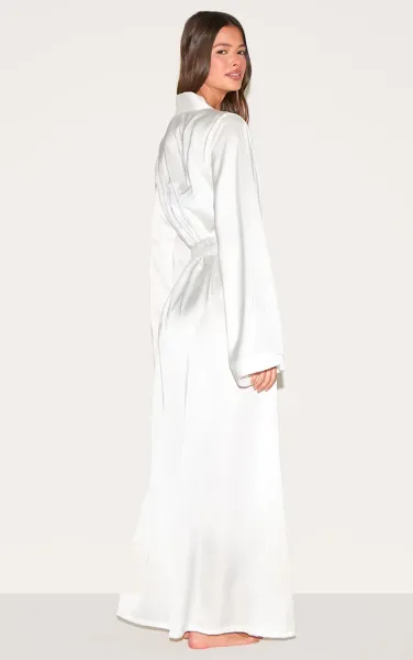 White Bride Embroidered Satin Maxi Robe