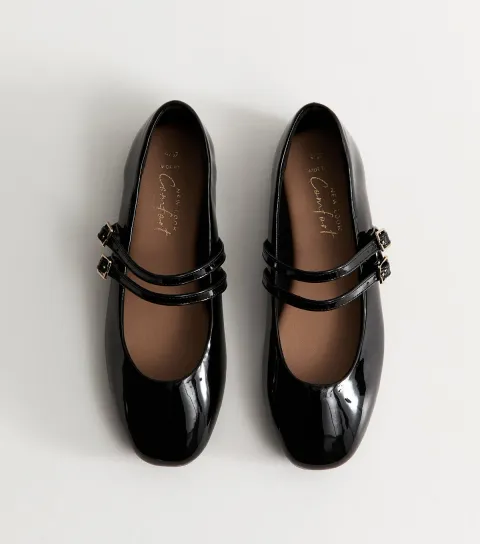 Wide Fit Black Faux Patent Leather Double Strap Mary Jane Sandals Vegan