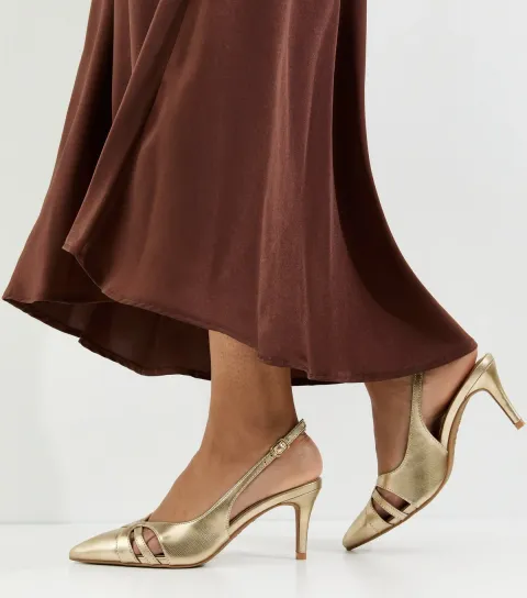 Gold Faux Leather Cut Out Slingback Court Shoes Vegan