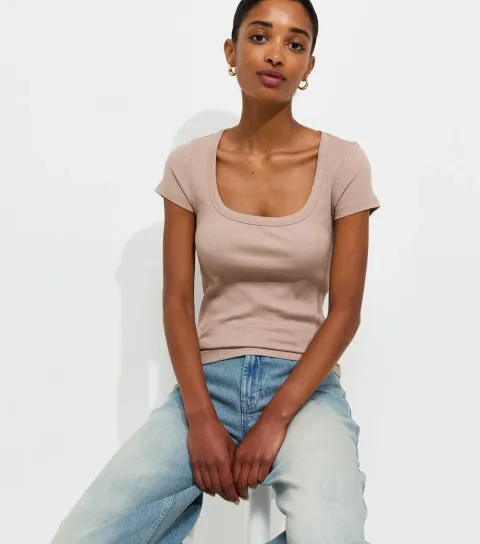 Stone Cotton Rich Square Neck T-Shirt