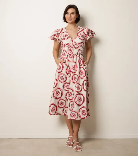 Rust Circle Print Flutter Sleeve Midi Dress