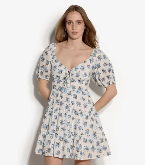 White Floral Puff Sleeve Milkmaid Mini Dress