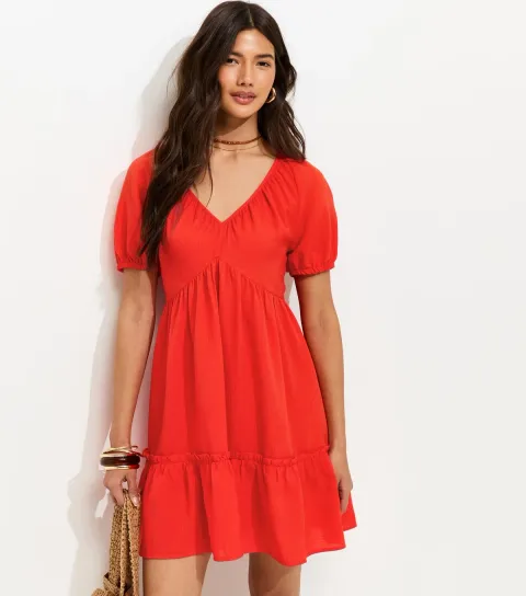 Bright Red Textured Tiered Mini Smock Dress