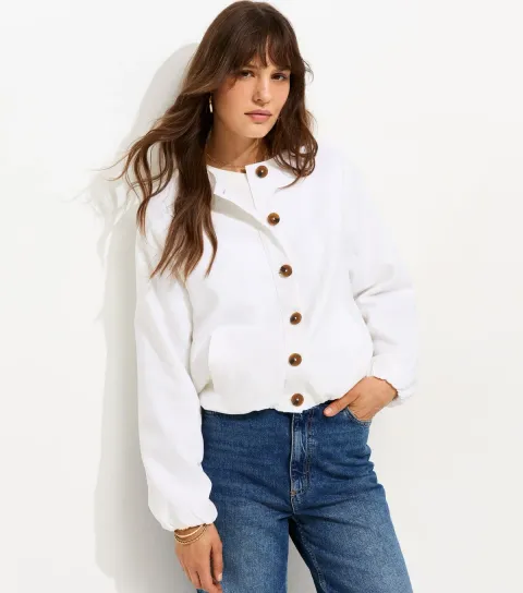 Tall White Linen Blend Button Through Bomber Jacket