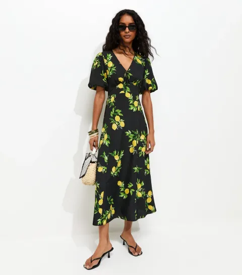 Black Lemon Print Puff SLeeve Midi Dress