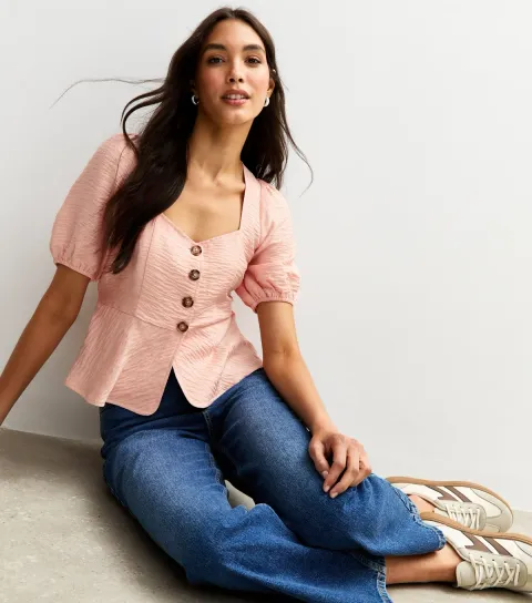 Pink Textured Button Up Peplum Top