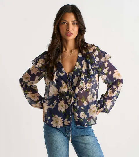 Navy Floral Ruffle Front Blouse
